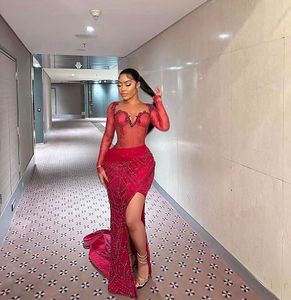 Red Aso Ebi African Evening Dresses Mermaid Long Sleeves Sequins Beaded Long Dubai Saudi Arabic Black Girls Evening Gown Prom