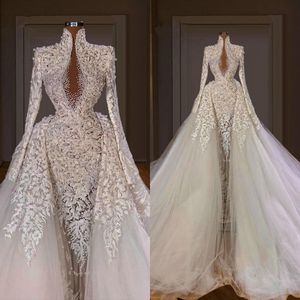 Muhteşem Aplike Denizkızı Gelinlik Dantel İnciler Gelin Gowns Overkirts Illusion Gelin Elbiseler Özel Yapım Vestido De Novia