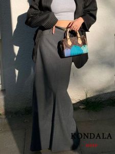 Юбка KONDALA Офисные женские серые длинные юбки женские с высокой талией и карманами прямые тонкие юбки с разрезом сзади мода 2023 элегантная Mujer Faldas
