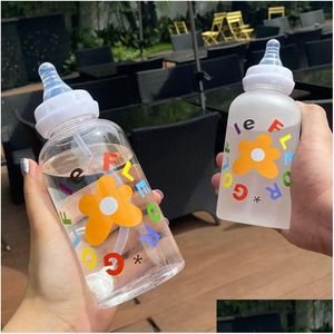 Baby Bottles Cute Cartoon Plastic Water Bottle Pacifier St Cup Suitable For Adt Children Milk Drinking Flower Feeding 230607 Drop Del Dh6G7