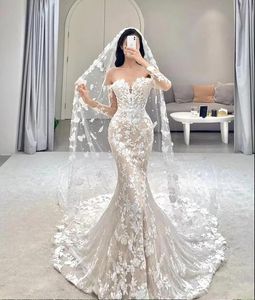 Hochzeitskleid für Frau BOHO Robe Stil Langarm rückenfrei Meerjungfrau Applikationen Spitze Blumen Hofzug Illusion Brautkleider Vestido De Noiva 0304