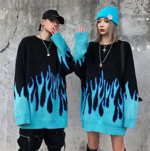 Pull Homme Blue Flame Pullover Rot Lila Männer Frauen Herbst Winter Koreanische Mode Vintage Hip Hop Pullover Männer Kleidung 2112243218335