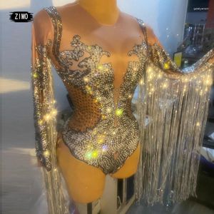 Scene Wear Sparkly Silver Rhinestone Sequin Tassel Party Bodysuit Women Dance Frings Jumpsuit Club Leotard Singer Festival Outfit