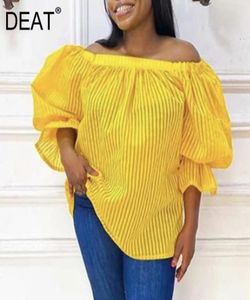 DEAT Sexy Slash Neck Stripe Yellow Lantern Sleeve Streetwear Shirt Top Plus Size Clothing Blouse Women Spring GX209 2104282873900