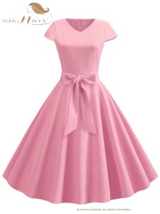 Dress SISHION Polyester Cheap Women Summer Dress SR403 Candy Color Cap Sleeve Black Blue Pink 50s Vintage Dresses