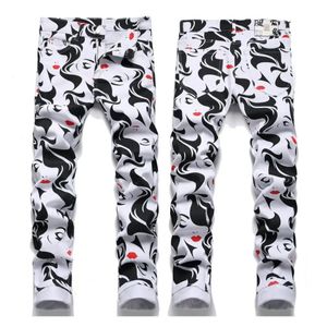 High Quality Mens Slimfit White JeansLight Luxury Lady Lips Printed Decorating Hip Hop JeansStylish Sexy Street Jeans; 240227