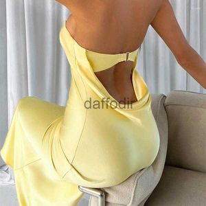 Grundlegende Freizeitkleider, Freizeitkleider, sexy trägerloses Midikleid, rückenfrei, Damen, ärmellos, elegant, Party, figurbetont, Sommer, gelbes Satin-Outfit, Urlaub 240304