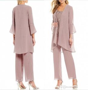 Rose Pink Mother of the Bride Pants Suits Chiffon Mother of the Bride With Jacke Lady For Wedding Party Bridal Evening Wear4829082