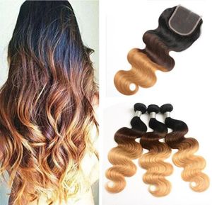 T 1B427 Raiz Escura Mel Loira Onda Do Corpo Ombre Cabelo Humano Tecer 3 Pacotes com Fechamento de Renda Extensões de Cabelo Virgem Brasileiro 7098123