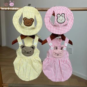 Dresses INS Summer Cotton Washed Plaid Pink Yellow Bear Bunny Suspender Skirt Pet Suit Cute Plaid Sun Hat Dog Sun Protection Dress