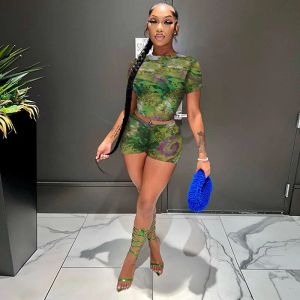 Sets Color Patchwork Women 2 Piece Set Short Sleeve Crop Top Skinny Biker Shorts Matching Set 2023 Summer Sexy Sheer Mesh Tracksuits