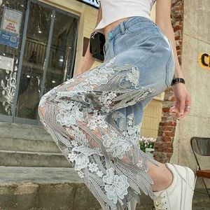 Women's Jeans Jeans Pants Woman And Capris Straight Leg With Rhines Transparent Lace Grunge Spring Pant Trousers 240304