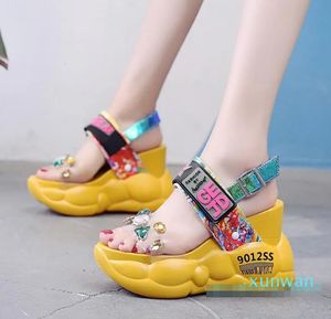 Rimocy chunky platform Big Rhinestons PVC PVC Women Summer Fashion Sharparent Super High Heels Wedges Sandalias Mujer