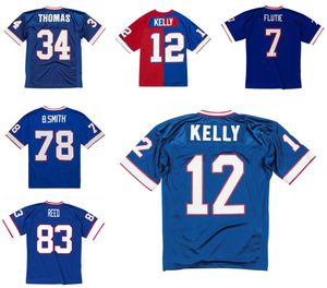 Jersey de futebol costurado 12 Jim Kelly 7 Doug Flutie 78 Bruce Smith 83 Andre Reed 34 Thurman Thomas 1990-1998 malha azul retro rugby jerseys homens mulheres jovens s-6xl