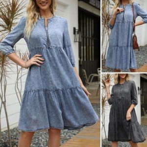 Vestido r angustiado vestido casual streetwear opescoço zíper meia carcela 3/4 manga cintura alta vestido jeans babados hem sólido colo