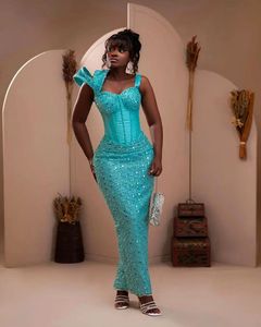 Turquoise Beaded Spaghetti Aso Ebi Luxuy Evening Dresses For Women 2024 Corset Mermaid Prom Dresses Elegant Gown African robe