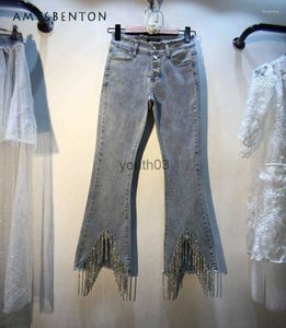 Dżinsy damskie dżinsy wiosenne i jesienne moda Diamond Tassel pasek do odchudzania kostki do dżinsów 240304