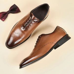 Dress Shoes Block Carved Whole-cut Leather Mens Brogues Formal Lace Up Pointed Toe For Men Office Wedding