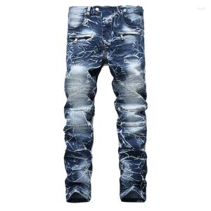 Men's Jeans Slim Fit Straight Moto Biker Fashion Vintage Retro Pleated Pants Personality Zipper Decoration 28-42