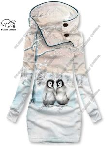 Kleider 3D-gedruckte Weihnachtsschneeflocke Tierserie Pinguinmuster Spezialkragen Damen Langes Sweatshirtkleid lässig und warm