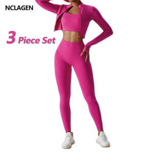 Nclagen kadın spor kıyafeti 3 parçalı set yoga üst ceket pantolon tozlukları spor sutyen şortları spor salonu egzersiz kıyafetleri fitness takım elbise 240228