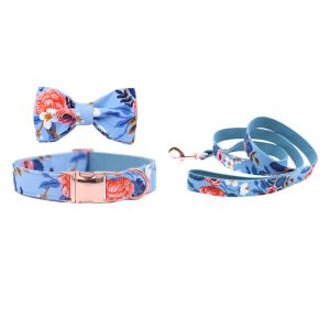 Collars Dog or Cat Collar or Leash with Bows Grey Dots Design with Cotton Webbing Blue Flower