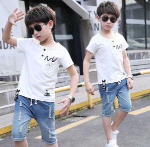 Novos ternos esportivos adolescentes verão meninos conjuntos de roupas manga curta camiseta buraco jeans casual 5 7 9 10 12 13 anos criança menino roupas x09493322