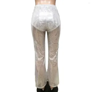 Women's Pants Elastic Waist Sequin Women Wide-leg See-through High Flared Hem For Nightclub Party