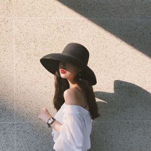 Audrey Hepburn straw hat sunken modelling tool bell-shaped big brim hat vintage high pretend bility tourist beach atmosphere CX2002846