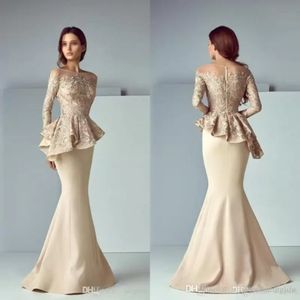 Vintage Long Sleeve Champagne Mermaid Evening Dresses Sheer jewel Neck Peplum Ruffles Dubai Arabic Prom Dress Women Formal Occasion Gowns BM0981