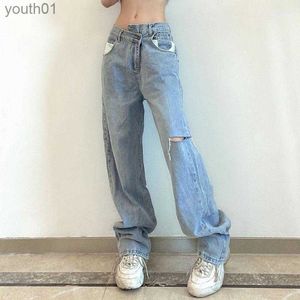 Kvinnors jeans kvinnor jeans trendiga raka kvinnor kläder estetiska baggy breda benbyxor asymmetriska denimbyxor klippte ut hål streetwear mode 240304