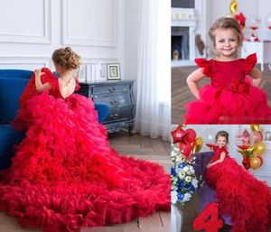 2021 Red Flower Girls039 Платья Конкурсное бальное платье с оборками и короткими рукавами Многоярусная юбка с жемчужным вырезом из органзы Цветы ручной работы Birth5661096