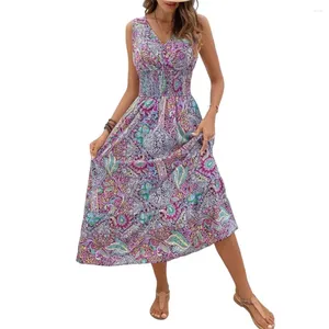 Vestidos casuais mulheres vestido v pescoço sem mangas fora do ombro apertado cintura impressão elástica meados de bezerro comprimento verão midi