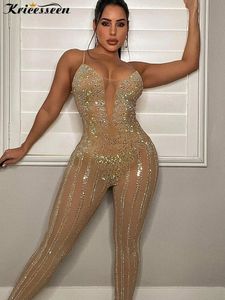 Kricesseen Sexig Rhinestone Crystal Sheer Skinny Jumpsuits Kvinnor Remma Mesh Patchwork S Rompers Night Clubwear Outfits240304