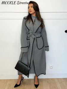 Blandningar panelerade lång ylle jacka kvinnor mode quiltade långärmad snörning upp kvinnliga rockar 2023 Autumn Winter Pocket street lady outwear