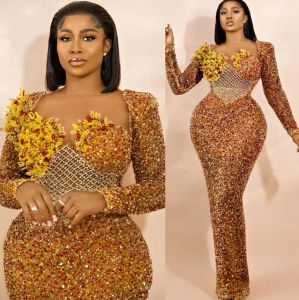 204 Plus Size Arabic Aso Ebi Gold Sparkly Sheath Prom Dresses Beaded Sheer Neck Evening Formal Party Second Reception Birthday Engagement Gowns Dress
