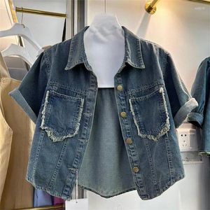 Kadın Ceketleri Kısa Kollu Denim Ceket Yatak Dönüş Tek Kelime Kelime Kruvaze Jean Cardigan Yaz Gündelik Çok Yönlü Dış Giyim