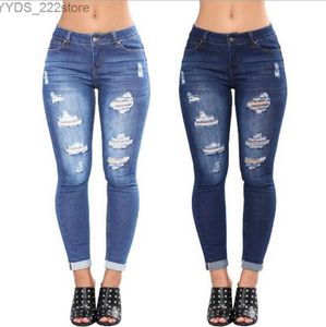 Jeans, zerrissene Jeans, klassisch, Stretch, hohe Taille, dünn, Distressed-Denim, Lochböden, weiblich, schmal, elastisch, Bleistifthose 240304