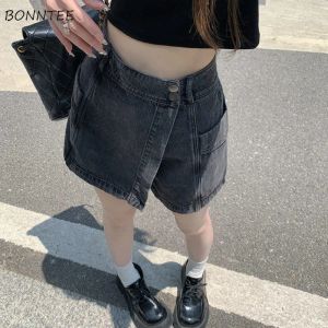 Shorts jeans feminino vintage perna larga cintura alta simples retro verão solto quente meninas allmatch streetwear macio casual sexy botões