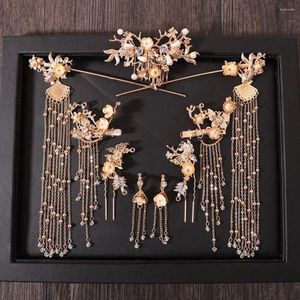 Halskette Ohrringe Set Schmetterling Quaste Haarkämme Perle Legierung Blume chinesischen Stil Krone Braut Hochzeit Schmuck Stick