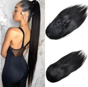 Slik Straight Clip in Ponytail Remy Human Hair Natural Black color Drawstring Ponytails for Women 100g2832292