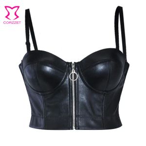 Camis steampunk couro preto pu com zíper, sutiã push up sexy feminino, busto gótico punk, lingerie para noite, festa, top recortado