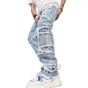 Mäns jeans män s svart staplade rippade lapp nödläge förstörda denim byxor streetwear byxor hip hop