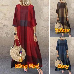 Dress Summer Women's Maxi Linen Dress 2023 Casual Plaid Print Robe Dress Ladies Fashion Loose Casual Chic And Elegant Famale Clothing