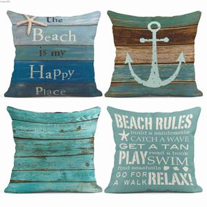 Chair Covers Wood grain marine anchor cyan linen pillowcase sofa cushion cover home decoration can be customized for you 40x40 45x45