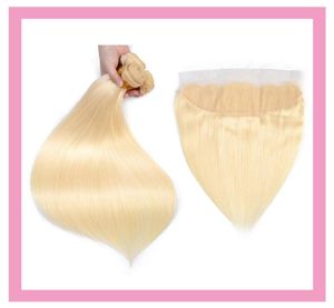 Indian Virgin Hair 3 Bundles With 13X4 Lace Frontal With Baby Hair Extensions Straight Blonde 613 Color Wholesalae 4 Pieces9910813