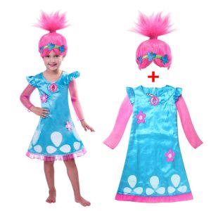 Dresses Baby Girls Dresses Trolls Poppy Cosplay Costumes Summer Dress for Girls Halloween Kids Fancy Birthday Party Dress with Wig Set