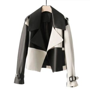 Jackor Highend Black White Check Splice Leather Jacket Women's Coat Tops 2023 New Spring Autumn Korean Casual Pu Pi Jacket Street