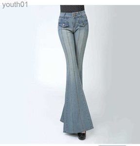 Jeans femininos mulheres jeans moda cintura alta flare jean calças slim mulheres escritório senhora casual perna larga flared estiramento branqueado denim 240304
