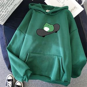 Kvinnors hoodies koreansk stil kawaii skateboard groda anime hoodie kvinnor huva tröjor harajuku varm pullover dragsko överdimensionerad